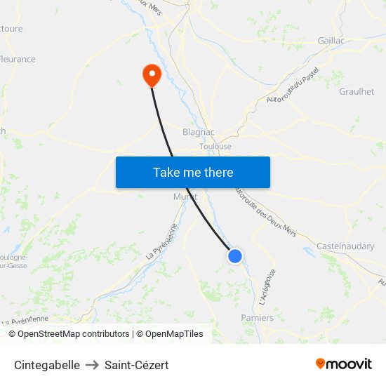 Cintegabelle to Saint-Cézert map