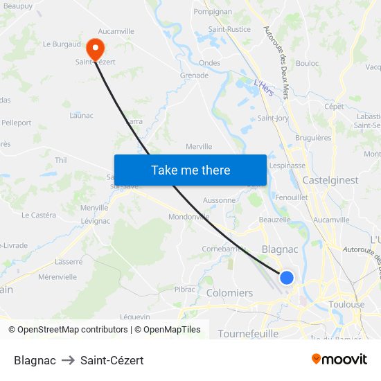 Blagnac to Saint-Cézert map
