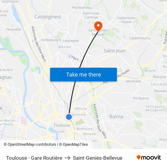 Toulouse - Gare Routière to Saint-Geniès-Bellevue map