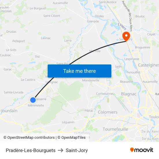 Pradère-Les-Bourguets to Saint-Jory map