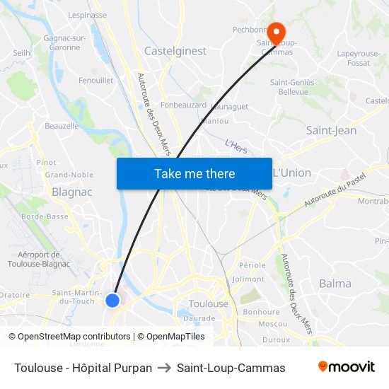 Toulouse - Hôpital Purpan to Saint-Loup-Cammas map