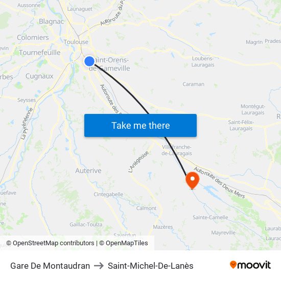 Gare De Montaudran to Saint-Michel-De-Lanès map