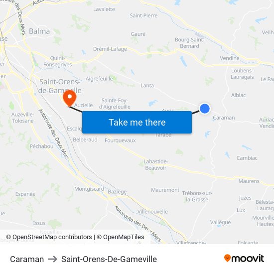 Caraman to Saint-Orens-De-Gameville map