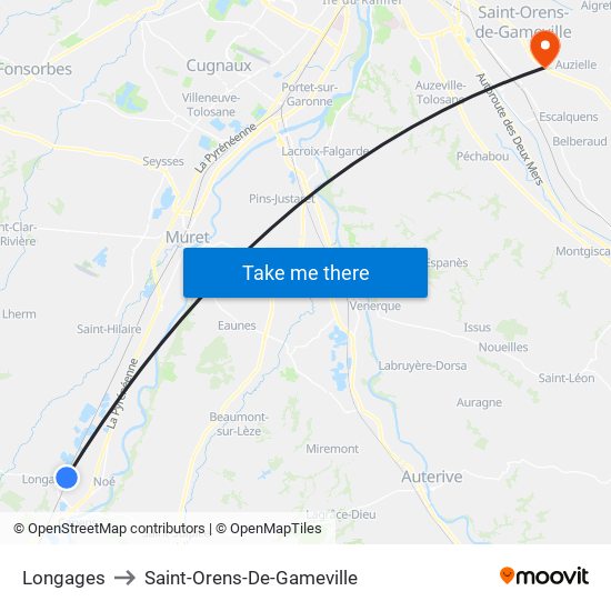 Longages to Saint-Orens-De-Gameville map