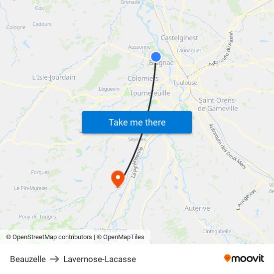 Beauzelle to Lavernose-Lacasse map