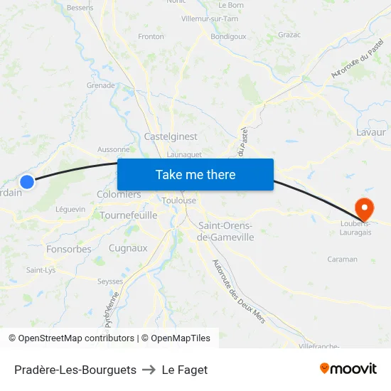 Pradère-Les-Bourguets to Le Faget map