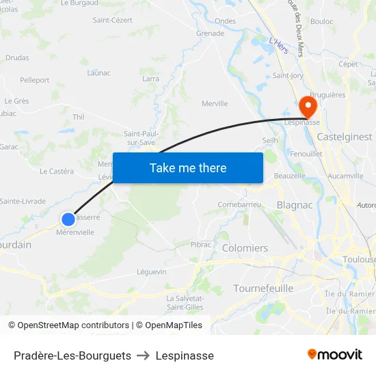 Pradère-Les-Bourguets to Lespinasse map