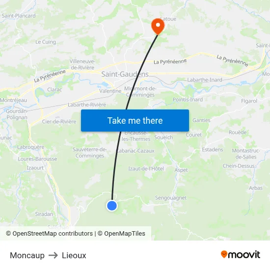 Moncaup to Lieoux map