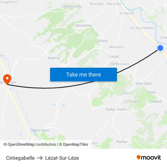 Cintegabelle to Lézat-Sur-Lèze map