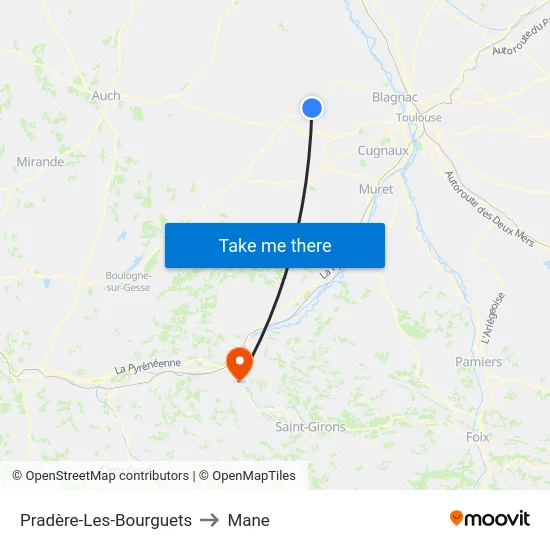 Pradère-Les-Bourguets to Mane map