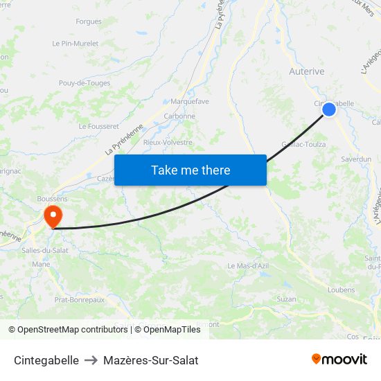 Cintegabelle to Mazères-Sur-Salat map