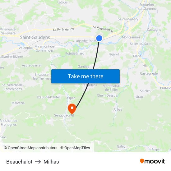 Beauchalot to Milhas map