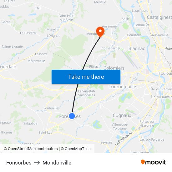 Fonsorbes to Mondonville map