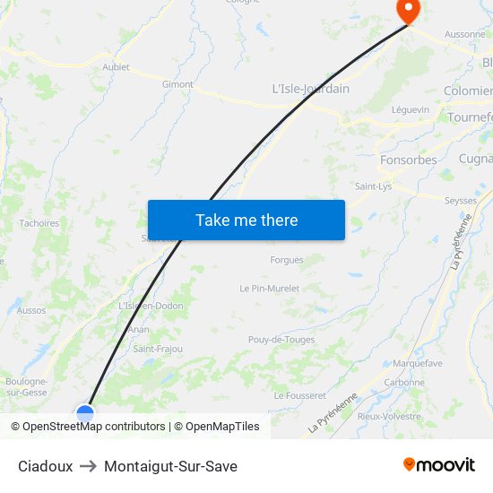 Ciadoux to Montaigut-Sur-Save map
