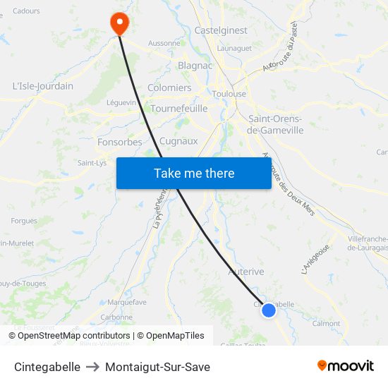 Cintegabelle to Montaigut-Sur-Save map