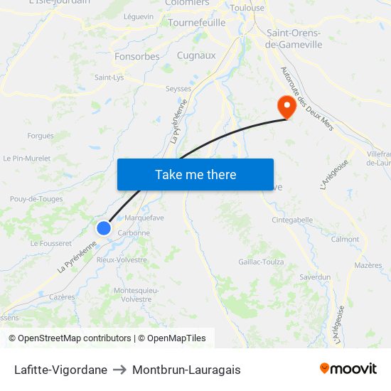 Lafitte-Vigordane to Montbrun-Lauragais map
