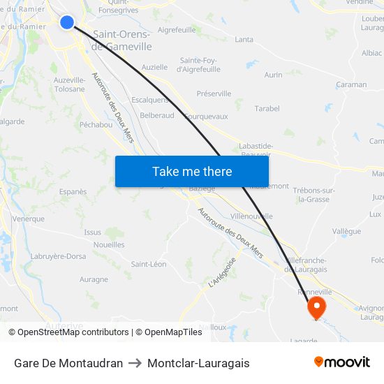 Gare De Montaudran to Montclar-Lauragais map