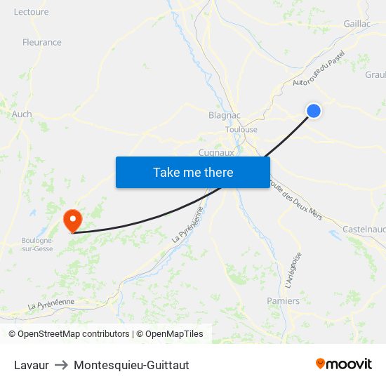 Lavaur to Montesquieu-Guittaut map