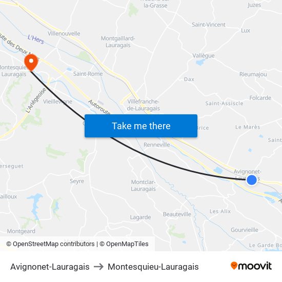 Avignonet-Lauragais to Montesquieu-Lauragais map