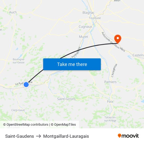 Saint-Gaudens to Montgaillard-Lauragais map