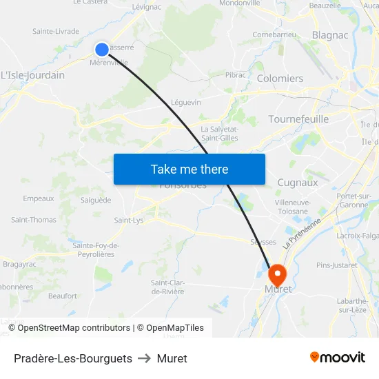 Pradère-Les-Bourguets to Muret map