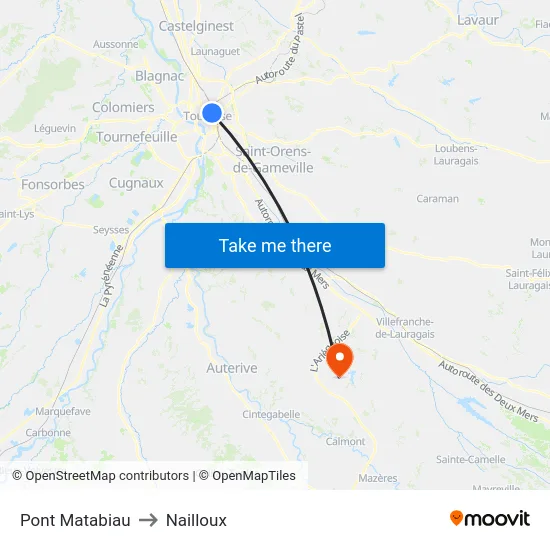 Pont Matabiau to Nailloux map