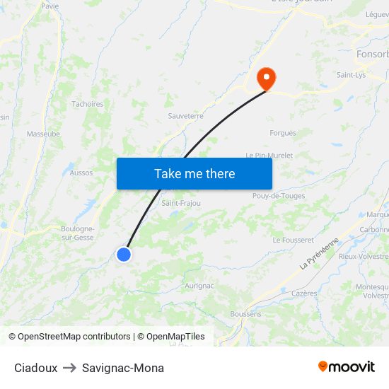 Ciadoux to Savignac-Mona map