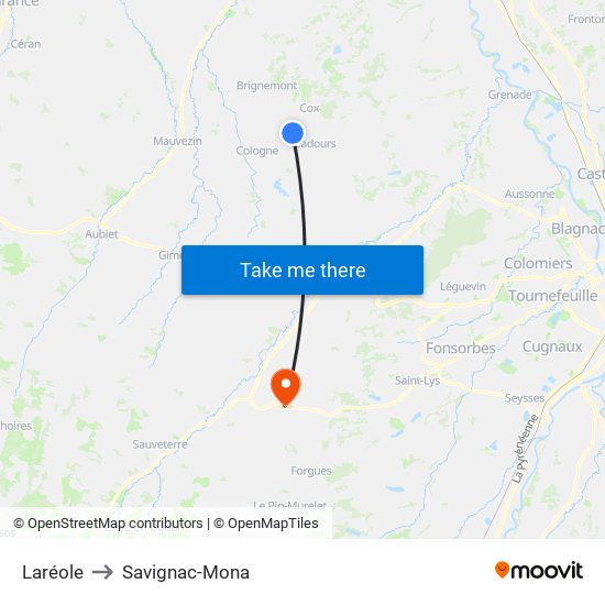 Laréole to Savignac-Mona map