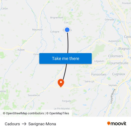 Cadours to Savignac-Mona map