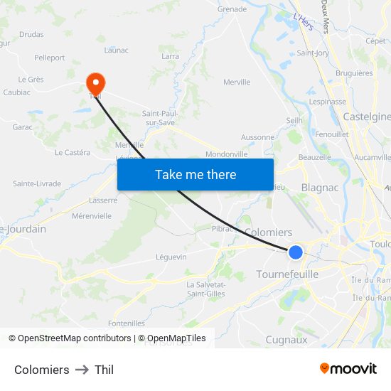 Colomiers to Thil map