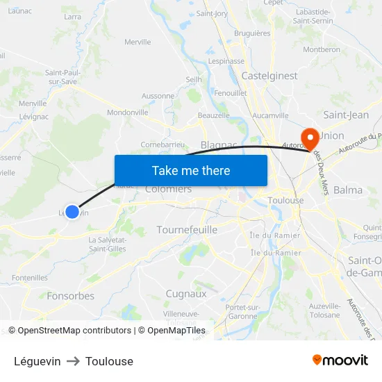 Léguevin to Toulouse map