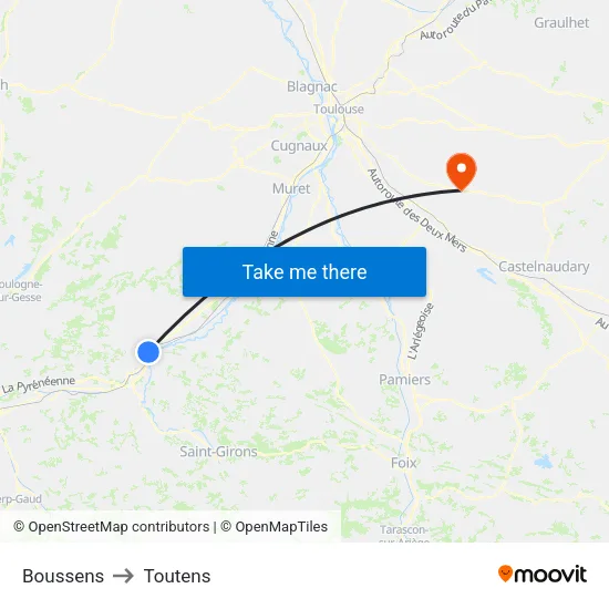 Boussens to Toutens map