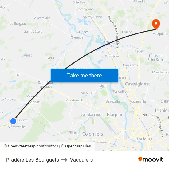 Pradère-Les-Bourguets to Vacquiers map