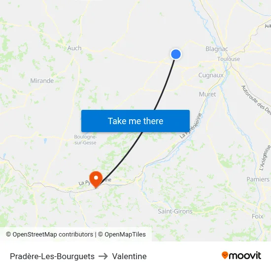 Pradère-Les-Bourguets to Valentine map