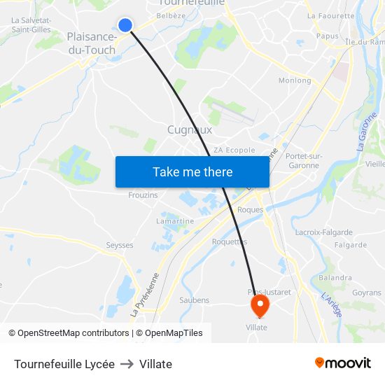 Tournefeuille Lycée to Villate map
