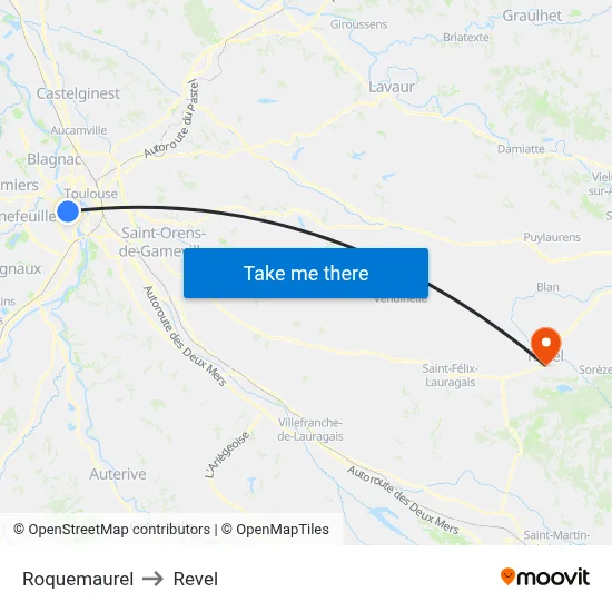 Roquemaurel to Revel map