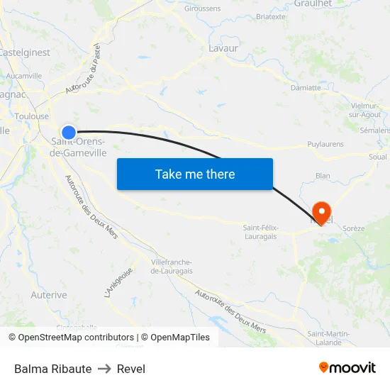 Balma Ribaute to Revel map