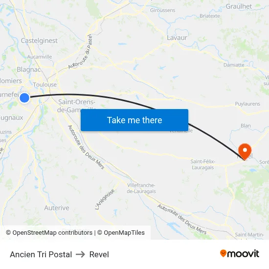 Ancien Tri Postal to Revel map
