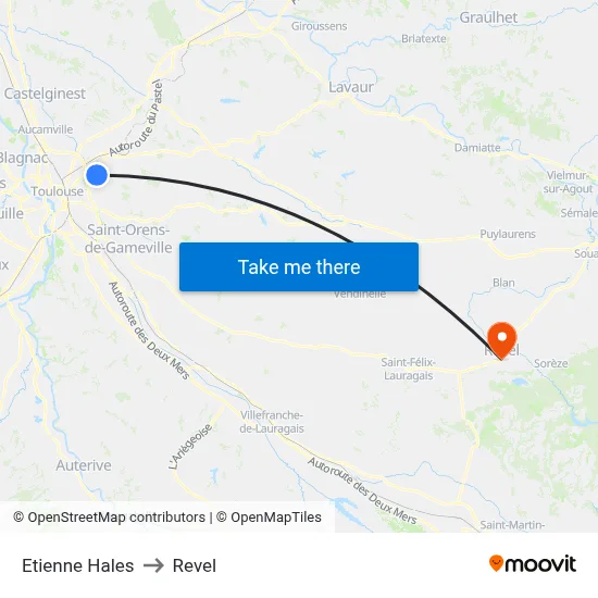 Etienne Hales to Revel map