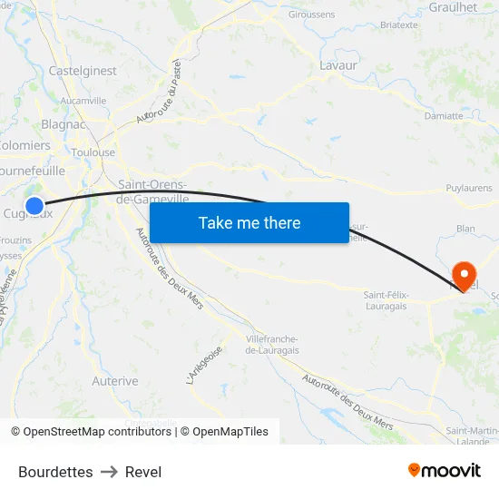 Bourdettes to Revel map
