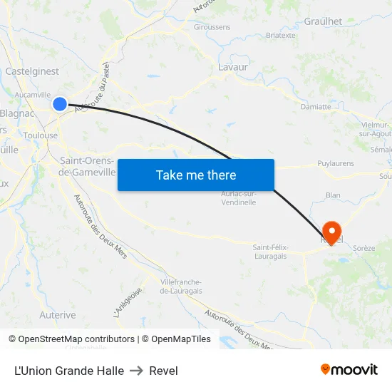 L'Union Grande Halle to Revel map