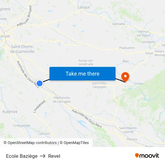 Ecole Baziège to Revel map
