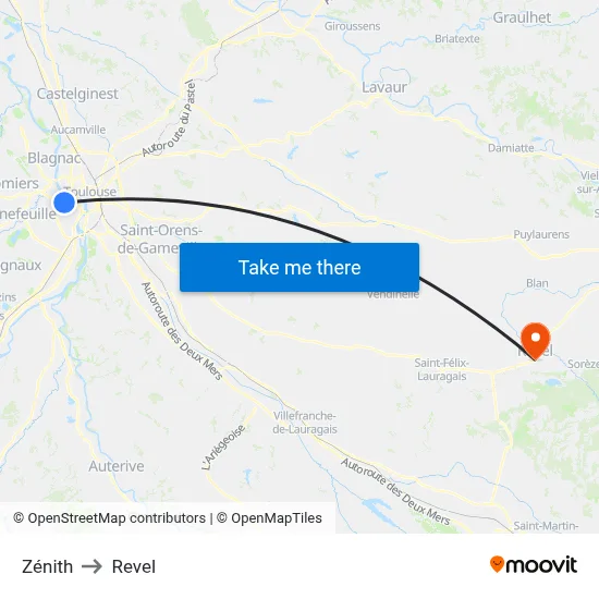 Zénith to Revel map