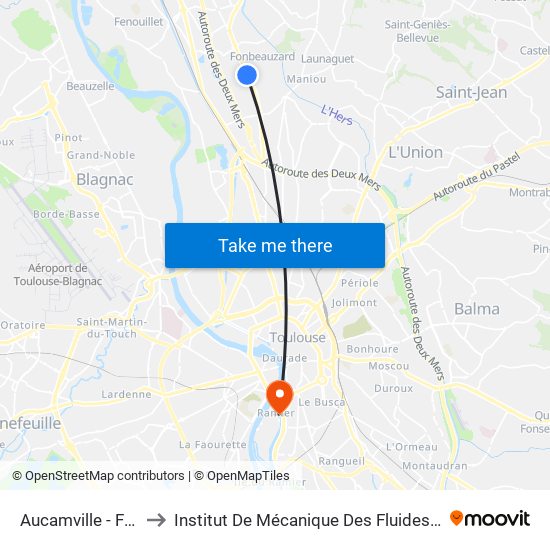 Aucamville - Favasse to Institut De Mécanique Des Fluides De Toulouse map