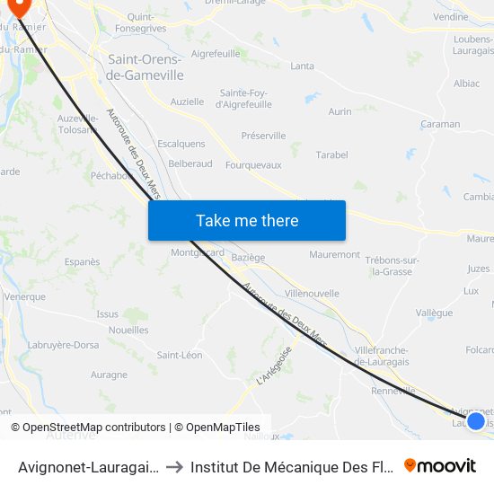 Avignonet-Lauragais - Gare Sncf to Institut De Mécanique Des Fluides De Toulouse map