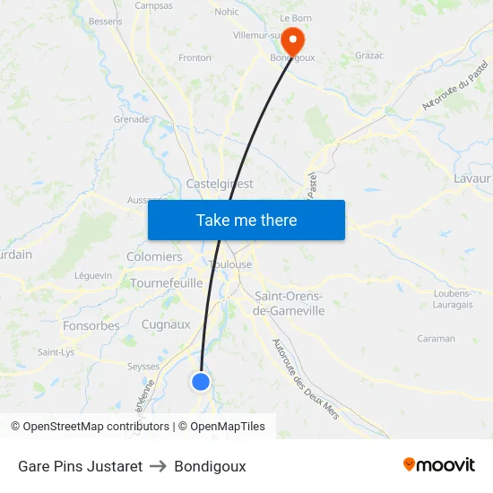 Gare Pins Justaret to Bondigoux map