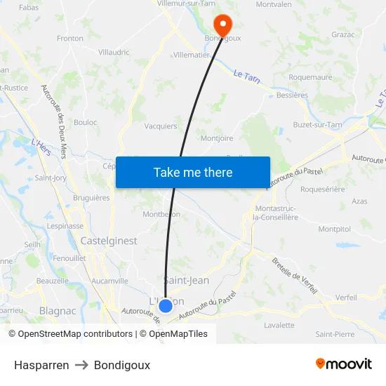 Hasparren to Bondigoux map