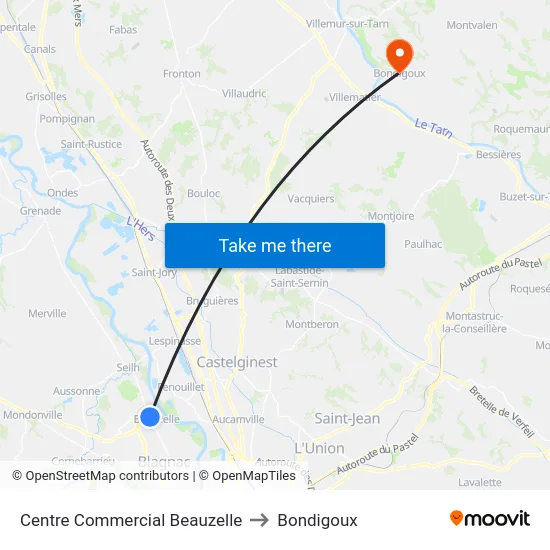 Centre Commercial Beauzelle to Bondigoux map