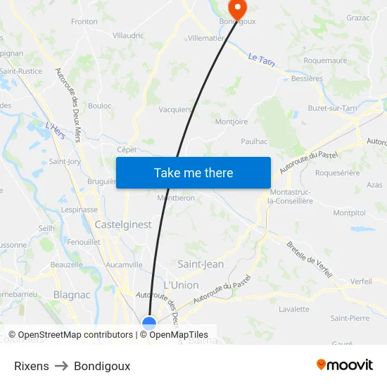 Rixens to Bondigoux map