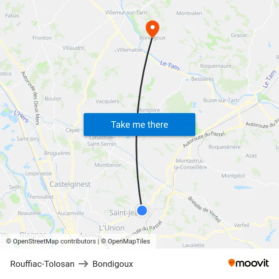 Rouffiac-Tolosan to Bondigoux map